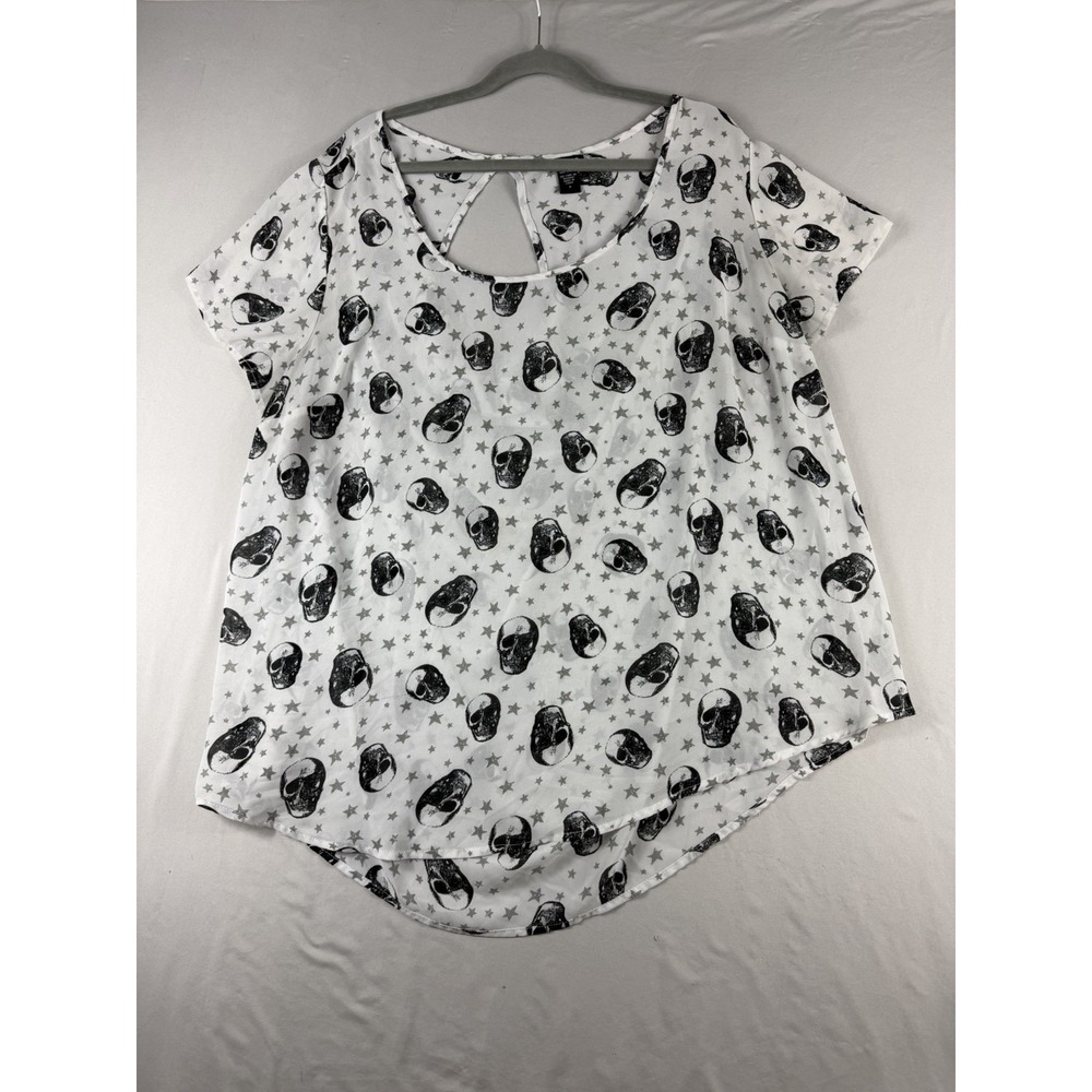 Torrid grey sheer ss blouse shirt, skull aop , women's 3x